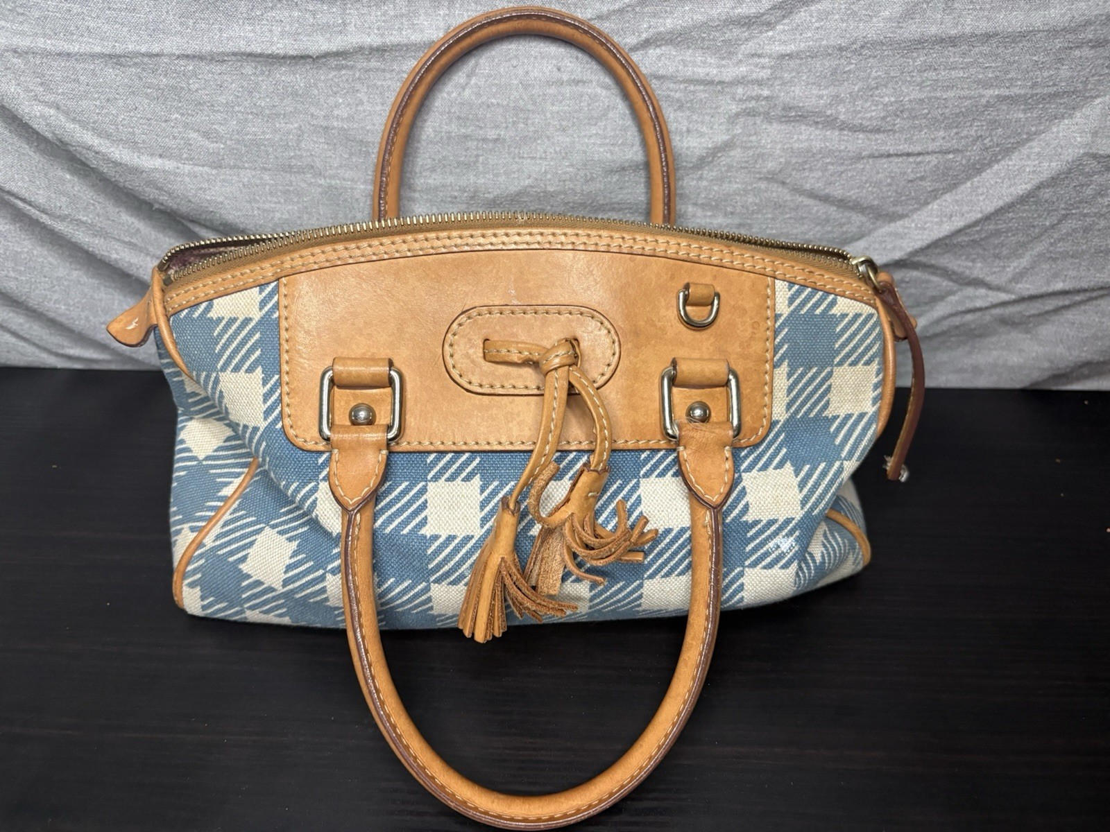 Dooney & Bourke Blue/White Plaid Satchel, Zip Tassel, Detachable Strap