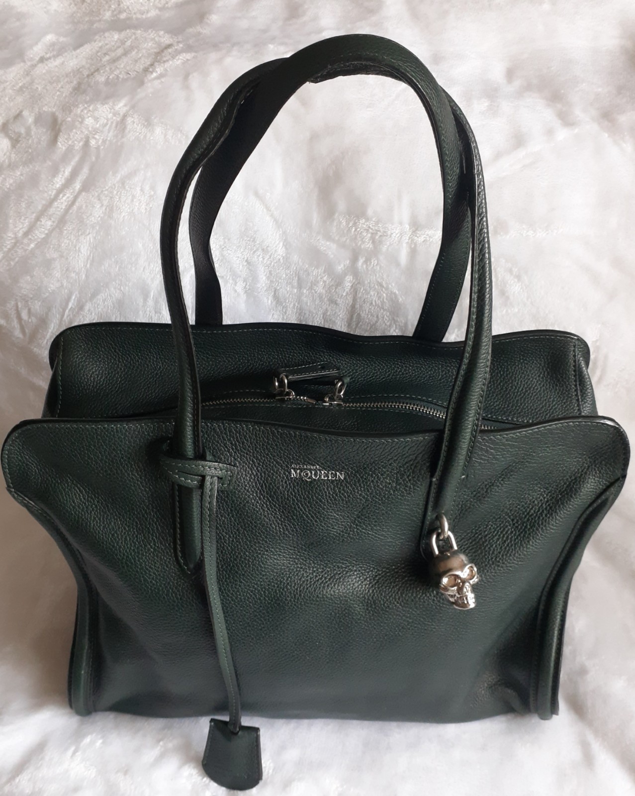 Alexander McQueen Skull Padlock Zip Around Tote Bag Calfskin Forest Green Large