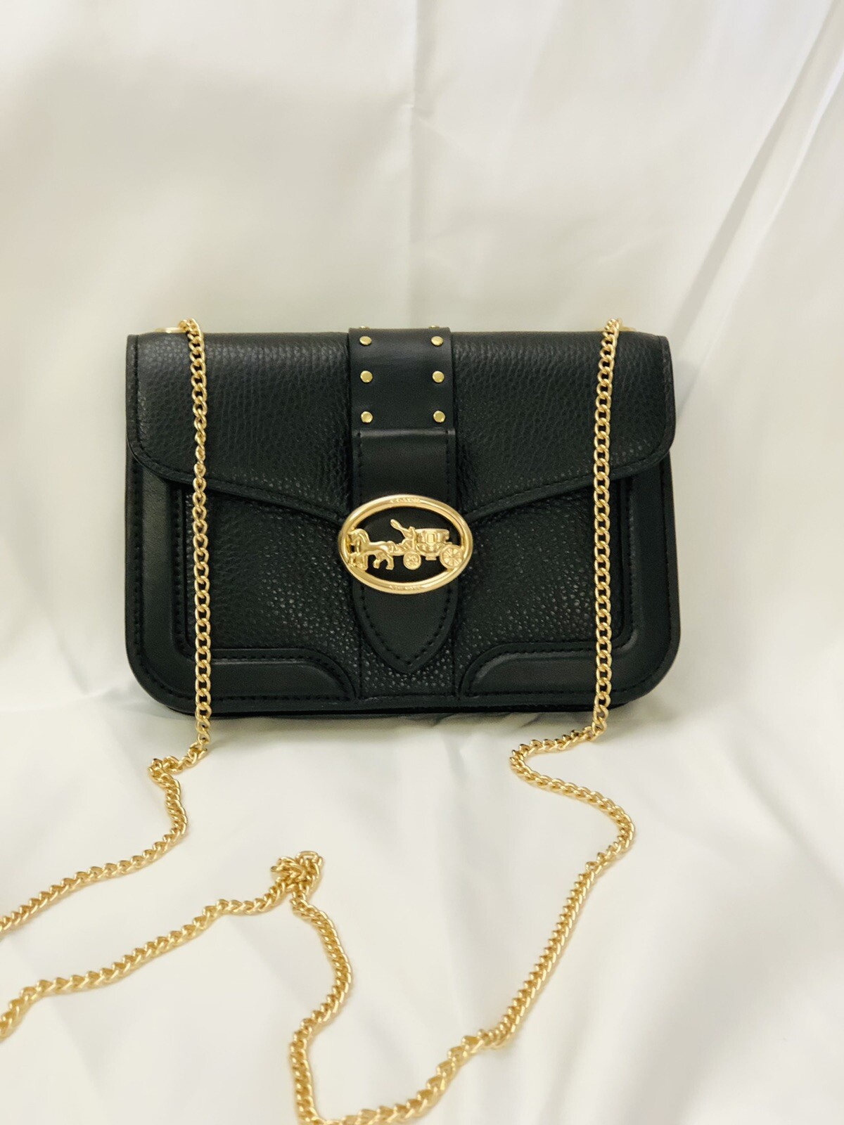 Coach NWT Crossbody Bag Mini Black With Golden Chain. Logo Snap Closure.
