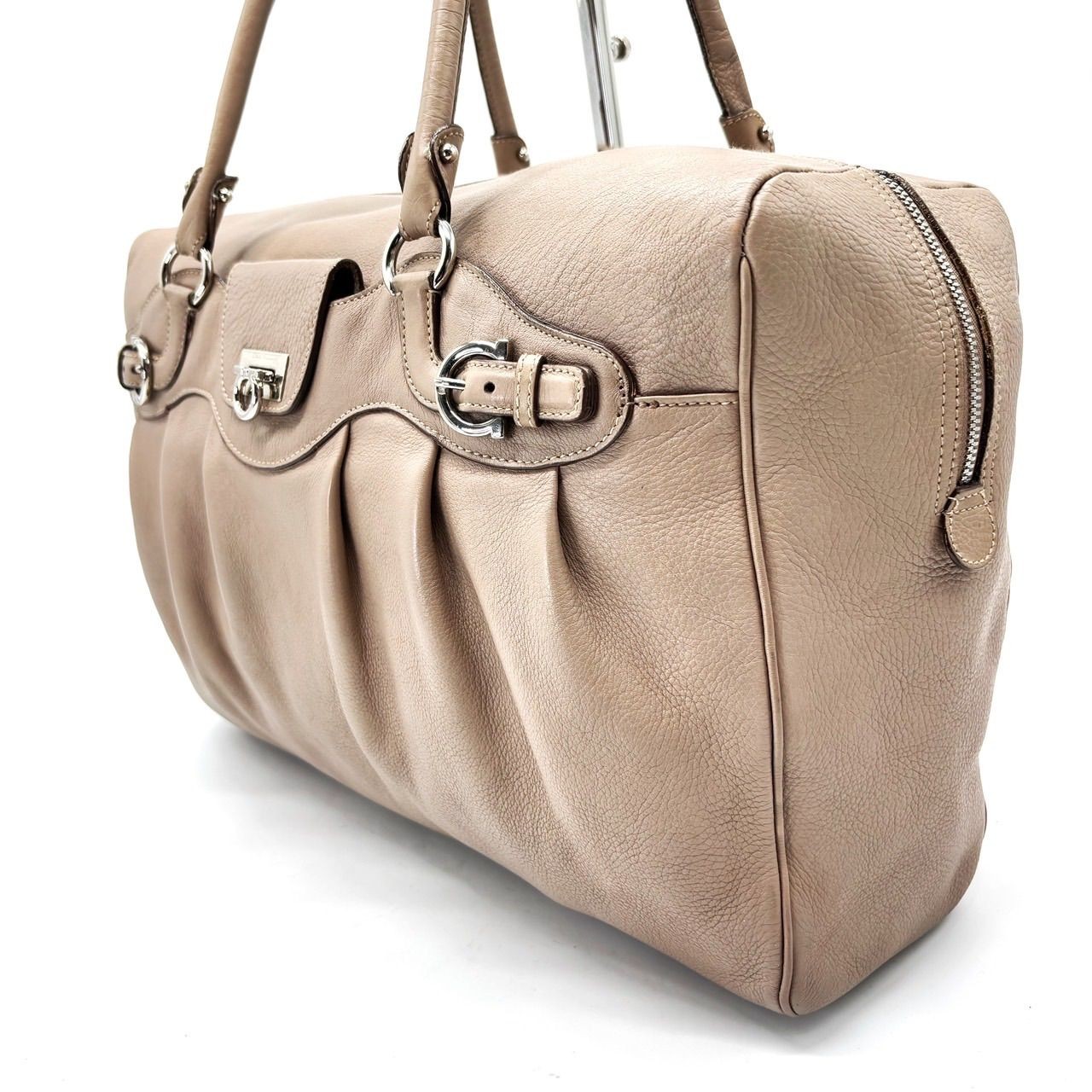 Salvatore Ferragamo Gancini Tote Bag Pink Beige Leather 14.6×10.2×3.9 inch Vinta
