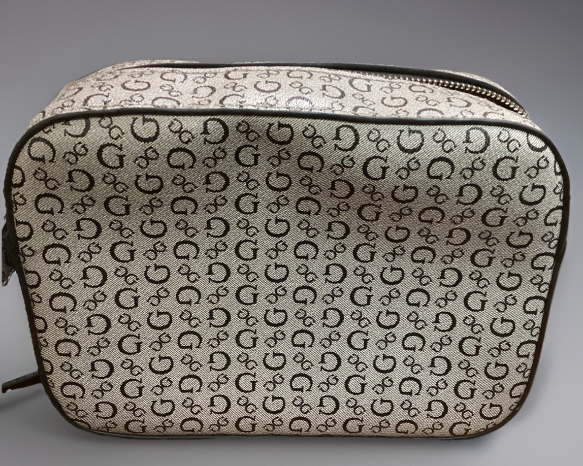 Guess Crossbody Purse Bag Logo Monogram Gray Black Shoulder Strap Unisex 8.7×6”