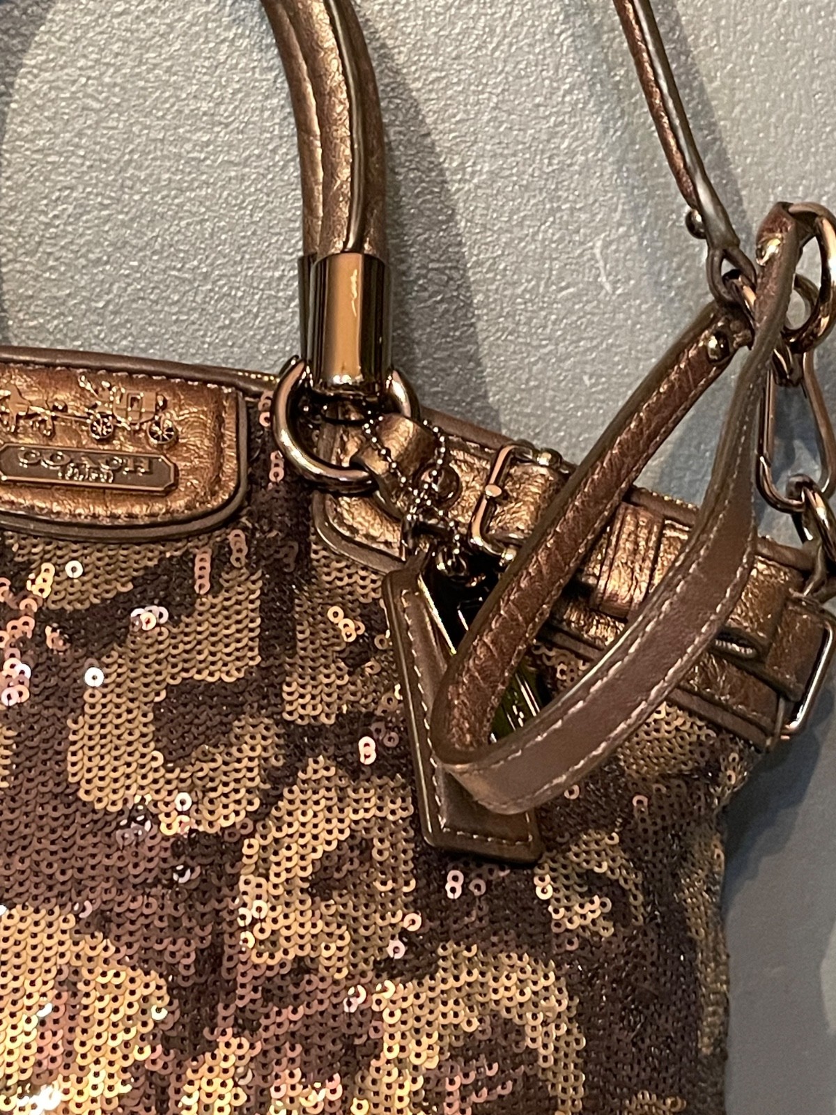 Coach Madison Sophia 18638 Leopard Sequin Satchel Bronze Crossbody Purse Bag