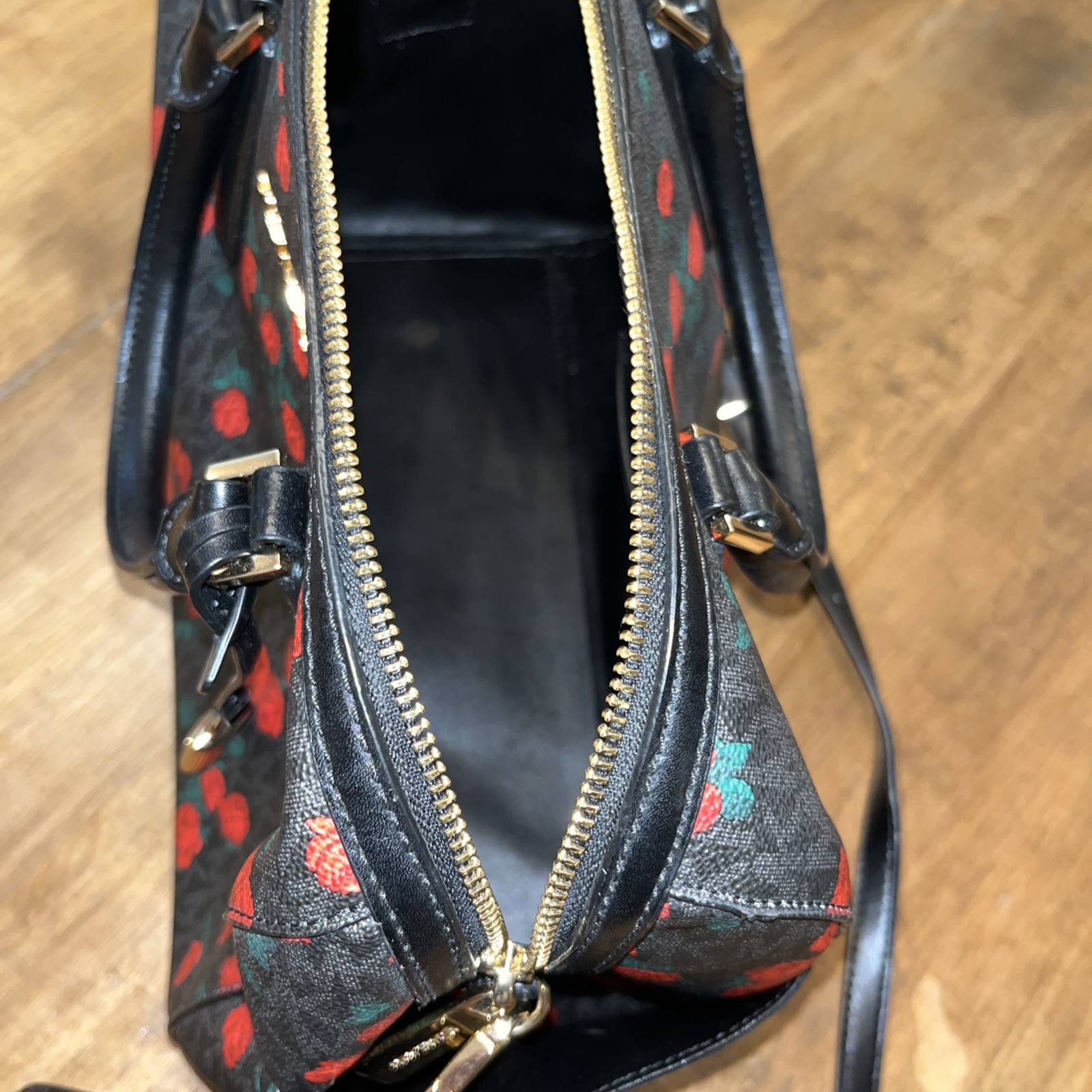 Michael Kors Hayes Black Red Rose Pebbled Leather Satchel MK