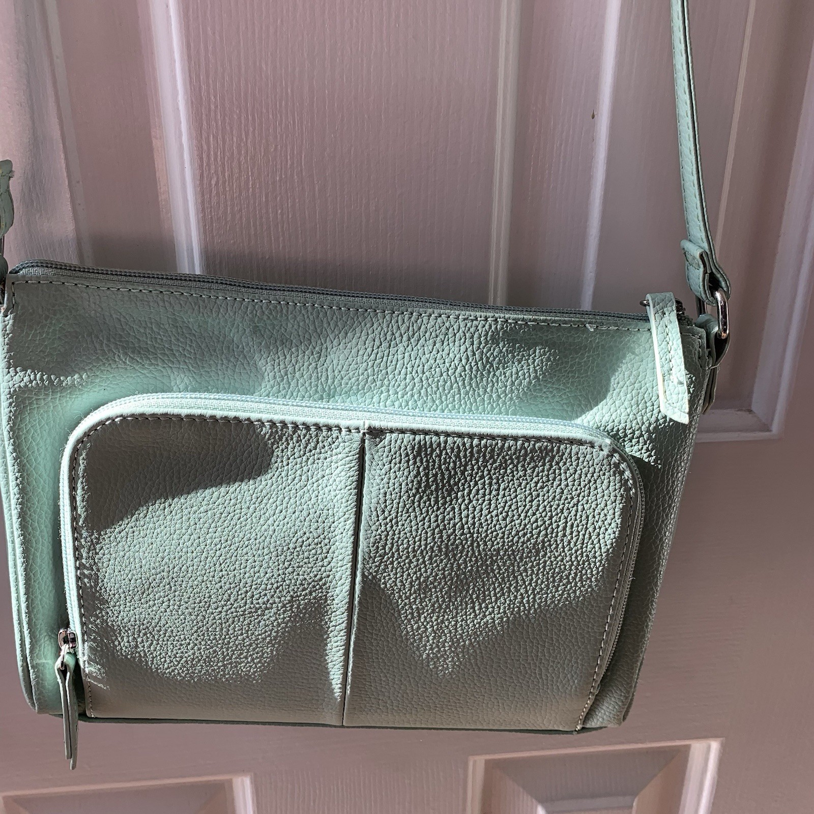 Tiganello Mint Green Tectured Leather Crossbody Zip Up Bag Adj Strap