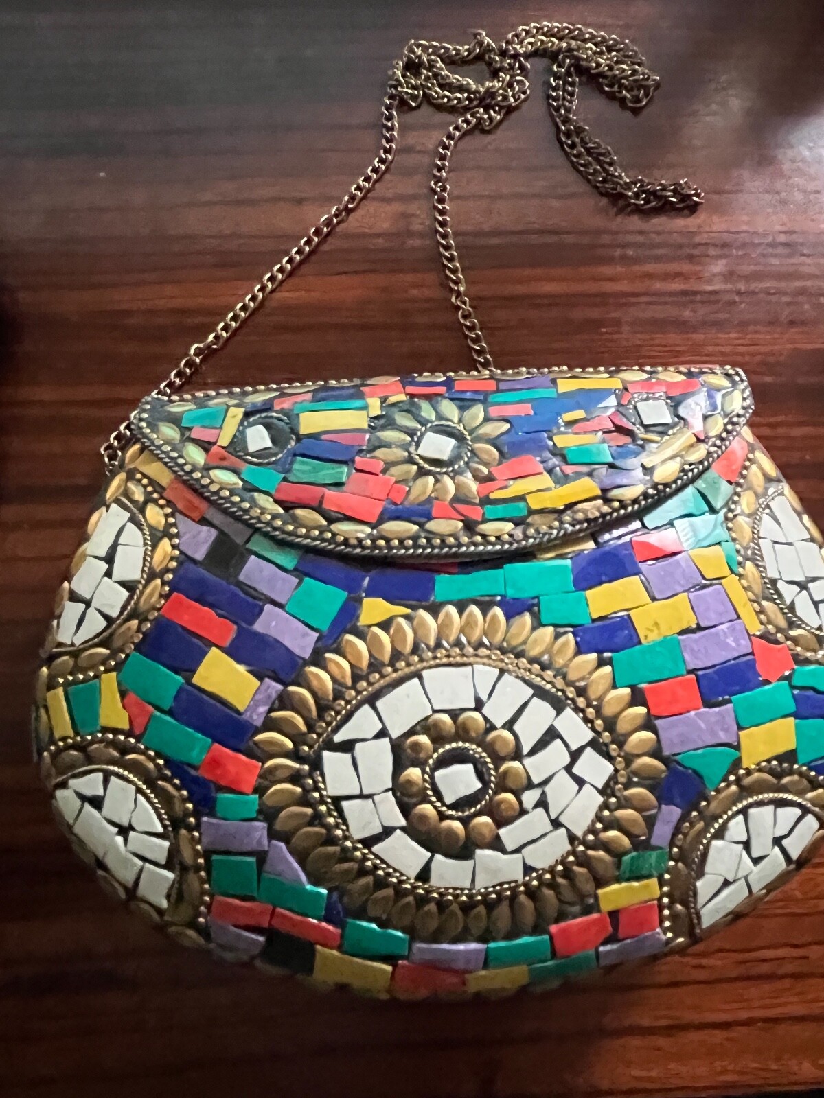 Mosaic look unbranded small handbag chain long strap multi colored w flap hinged