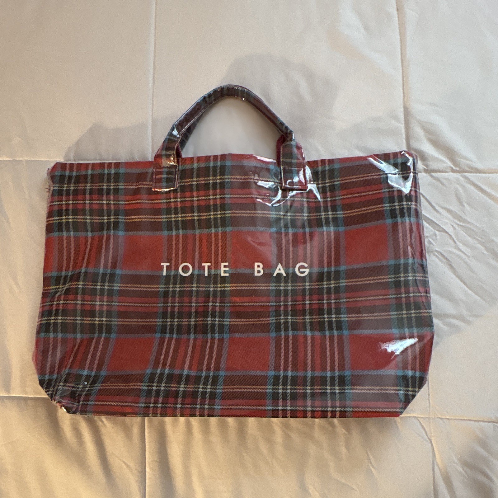 Red Plaid Tote Bag with Zip Closure, Top Handle, Inner Pockets & Beige Lining