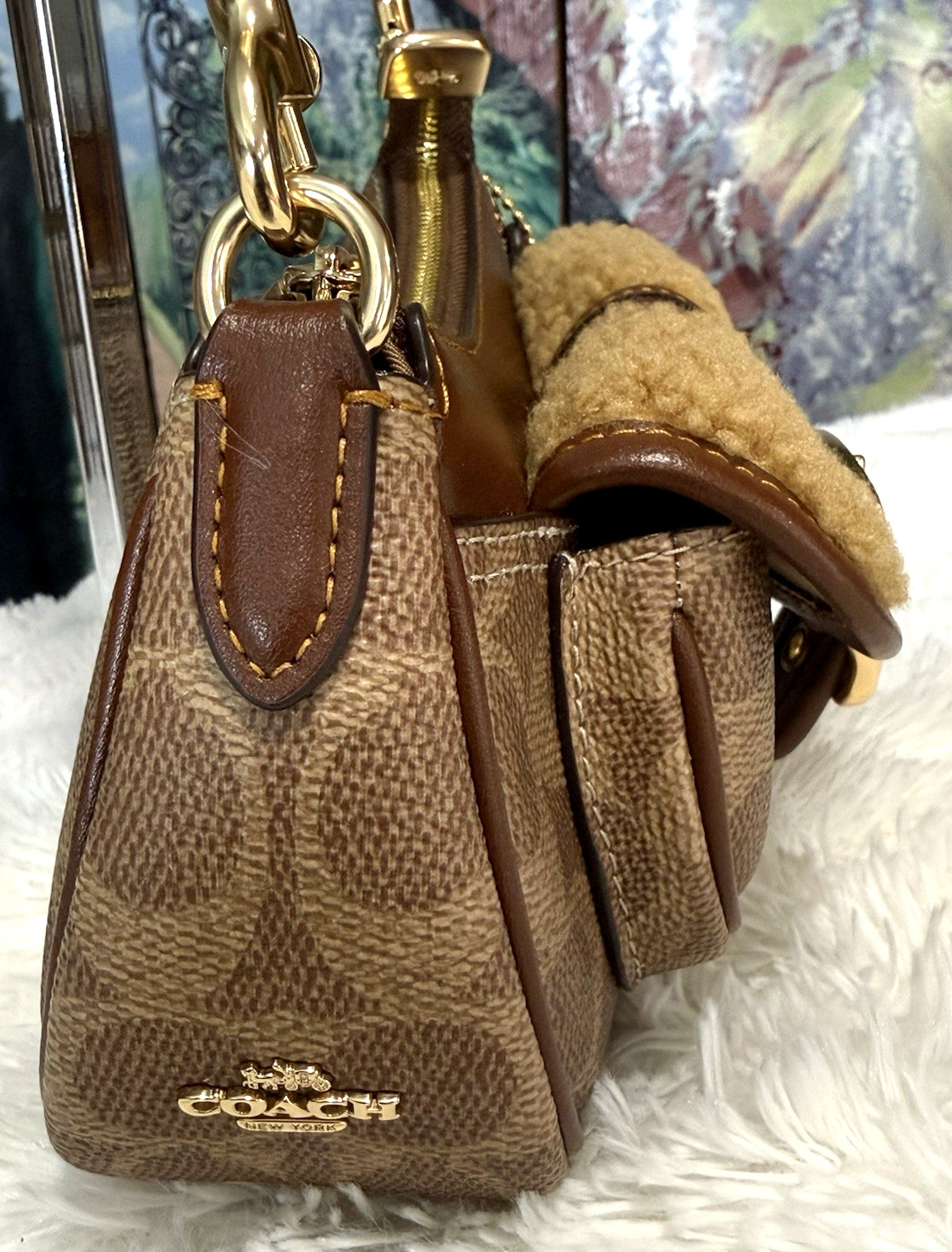 NWT Coach Ashton Mini Shoulder X-Body Bag w/Shearing CDB13 TAN BROWN Sig Leather
