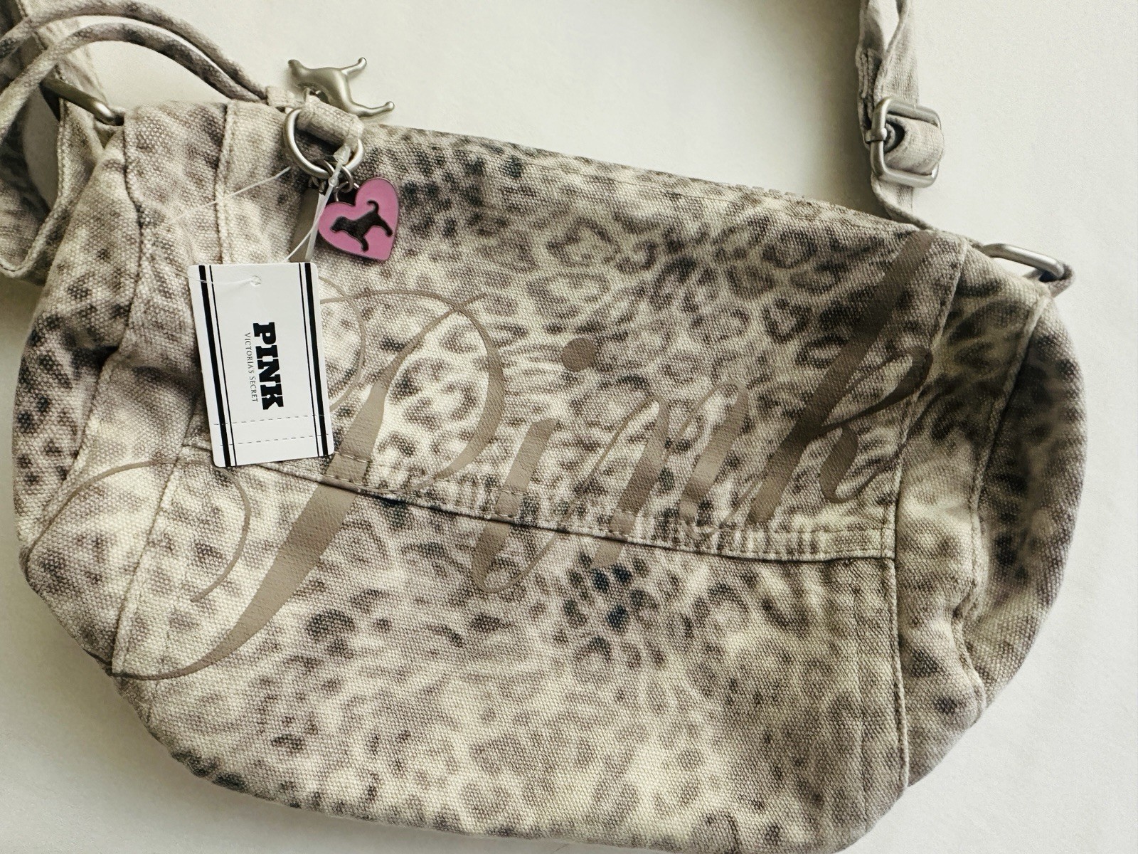 VS PINK Beige Leo Haze Leopard Print Canvas Rolled Duffle Shoulder Bag SOLD OUT