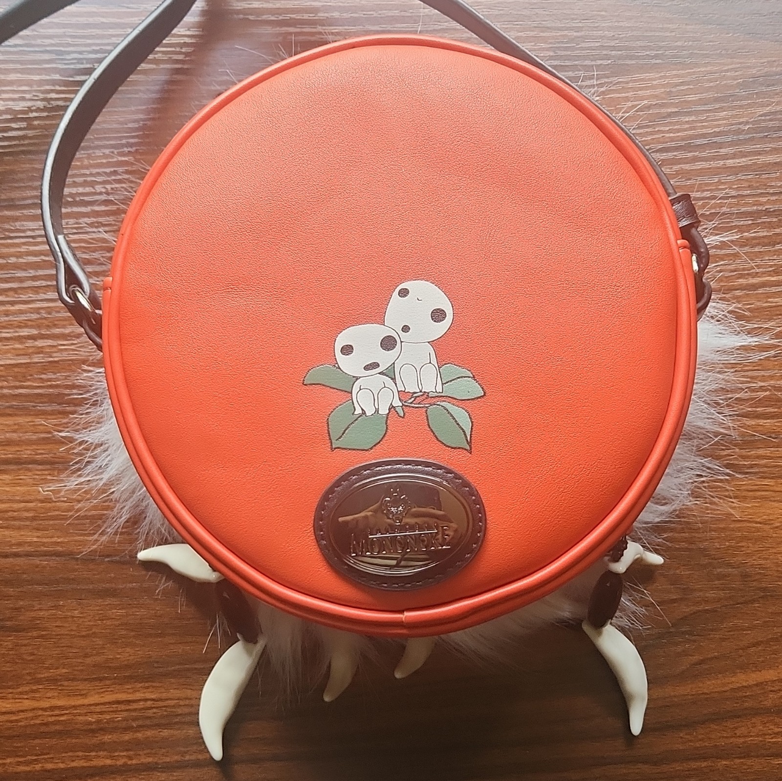 Small Round Orange/White Forest Spirit Face Crossbody, Faux Fur Trim, Zip