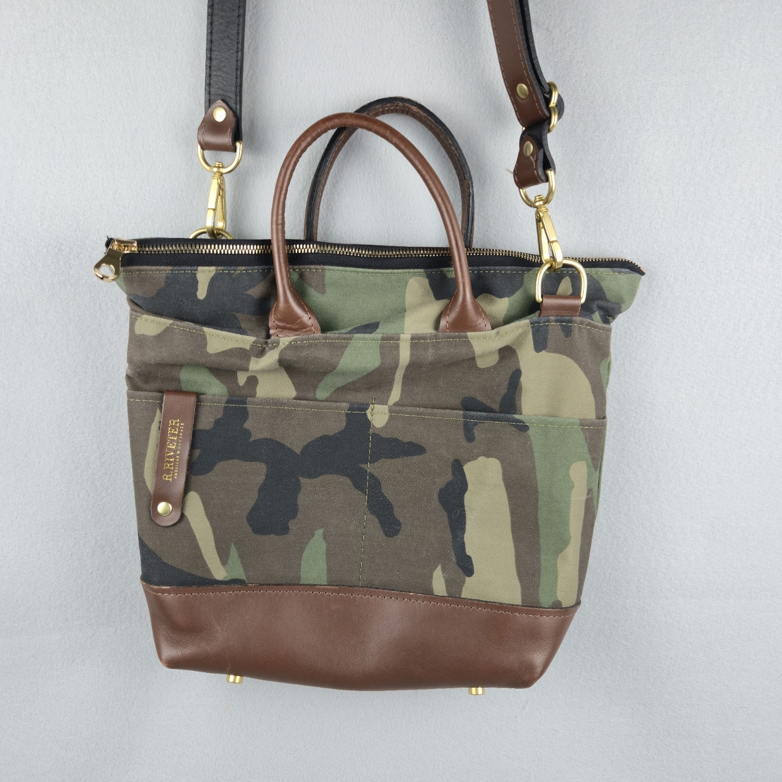 R. Riveter Otto Camo Canvas & Leather Convertible Tote Bag Crossbody Handbag