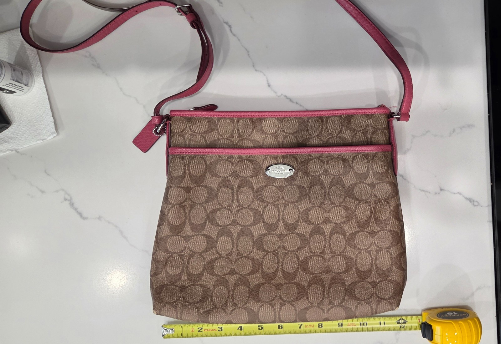 Coach Signature File Crossbody Bag Khaki Pink Canvas Leather Trim Adjustable