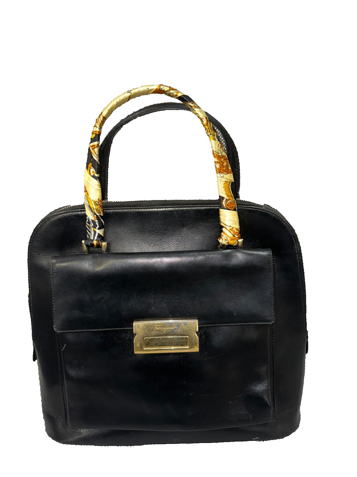 Salvatore Ferragamo Black Leather Front Pocket Satchel To Handle Bag