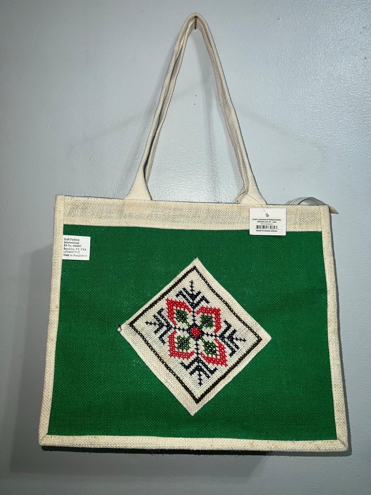 Boho-Chic Natural Jute Handbag with Cross-Stitch Embroidery