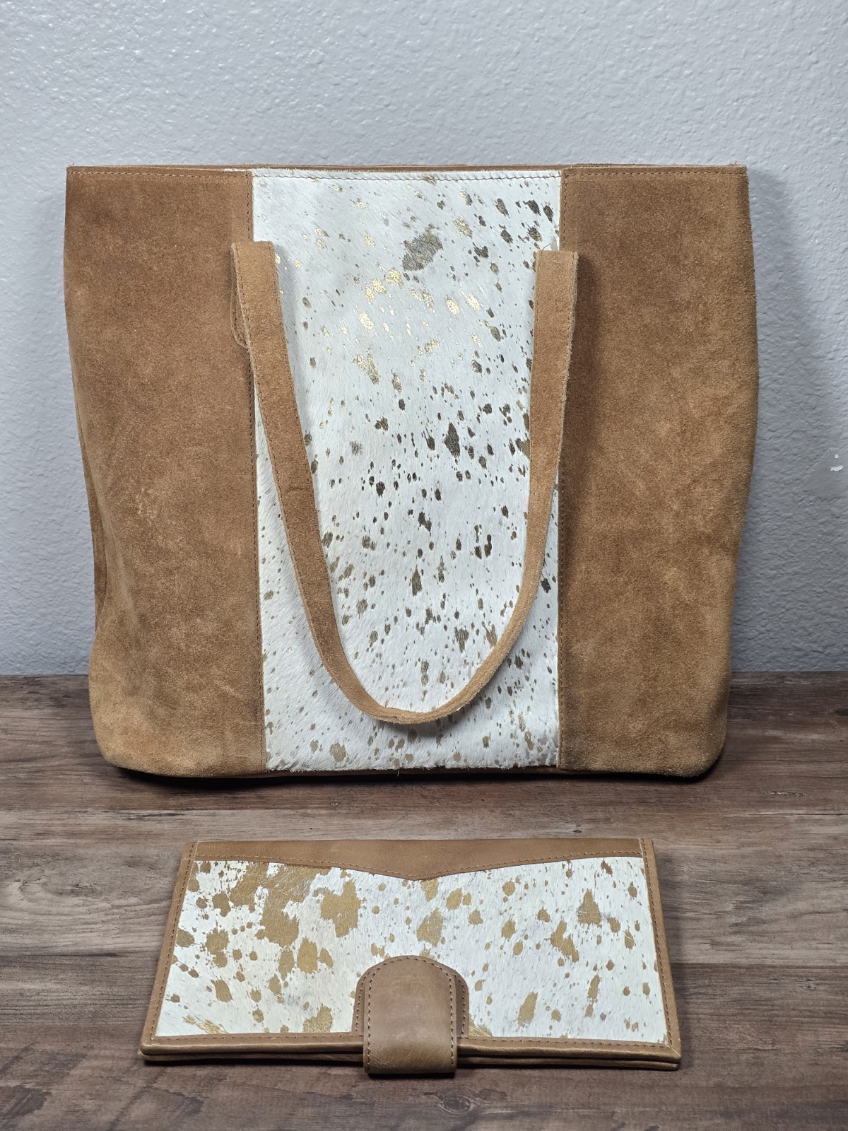 Jane Marie Large Cow Hair On Suede Leather Gold Foil W/ Wallet Set