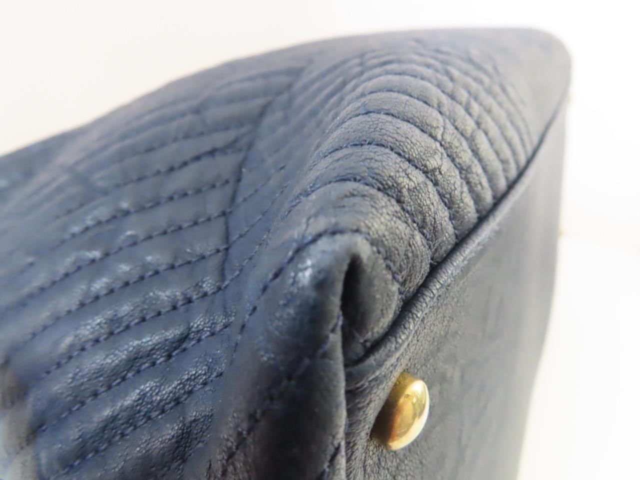 CHANEL Navy Leather Chevron Quilted/Brushed Gold Hardware Tote Bag
