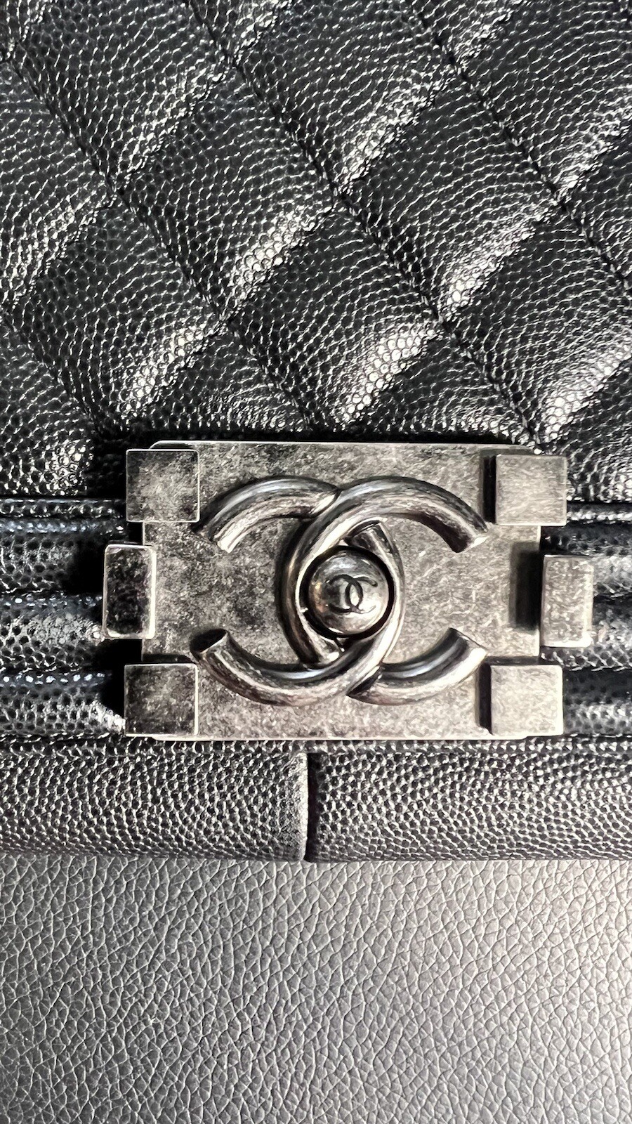 Chanel Large Boy Bag Calf Skin Ruthenium Metal a finish