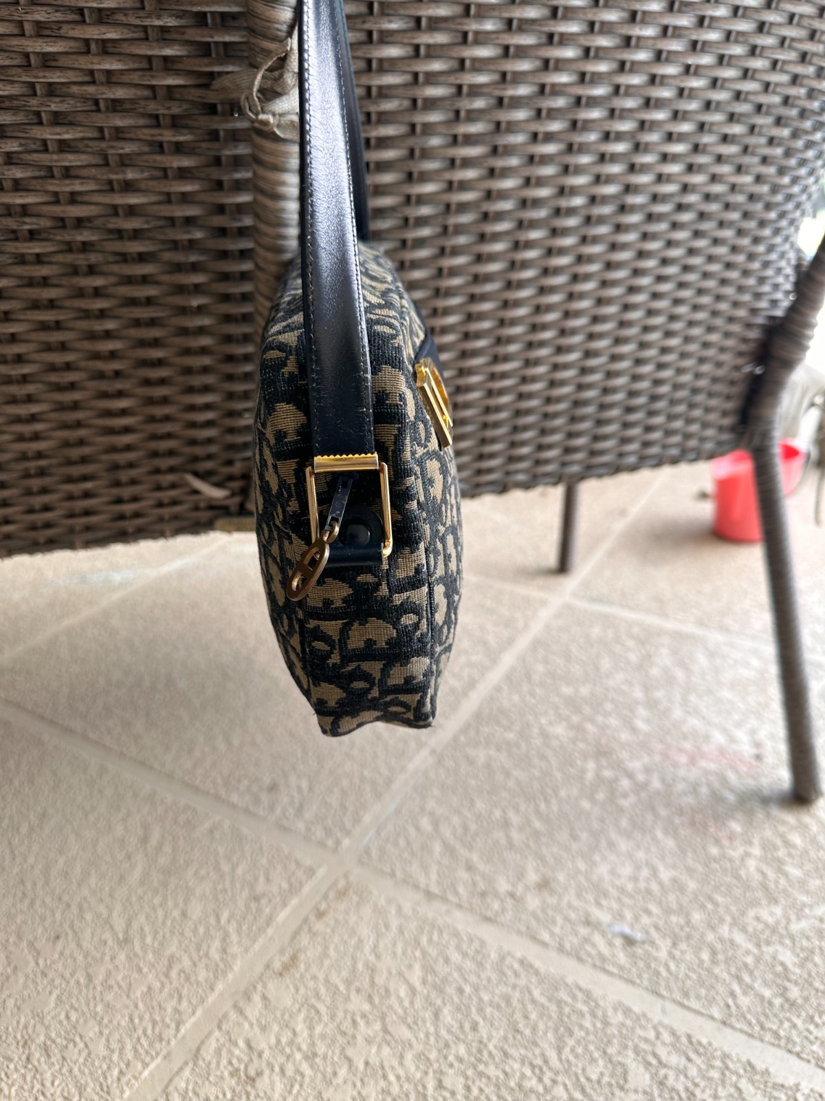 Dior Blue Black Monogram Shoulder Bag with Gold Hardware