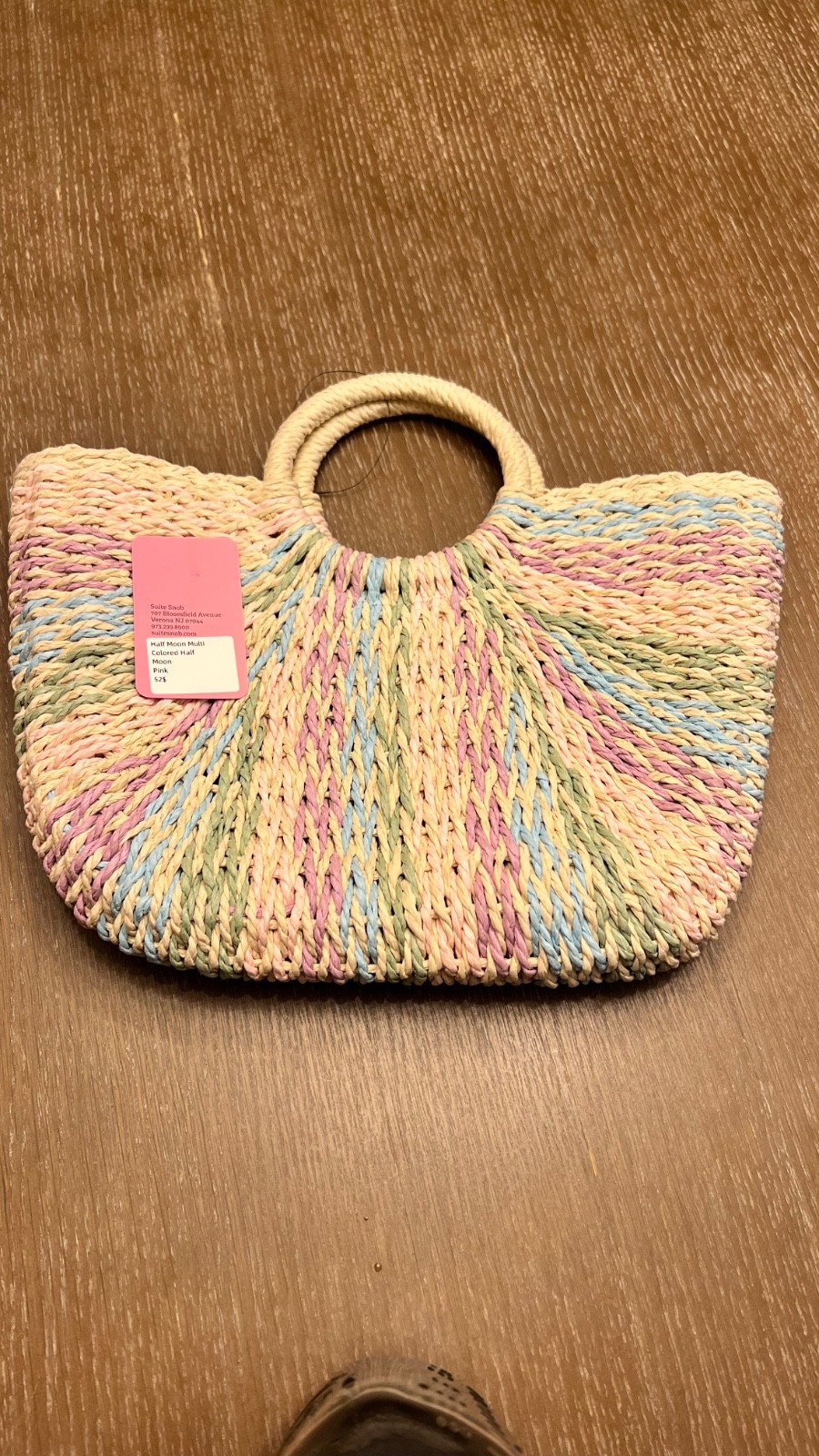 Half Moon Multi Pastel Woven Straw Tote Bag | Circle Handles | Lined