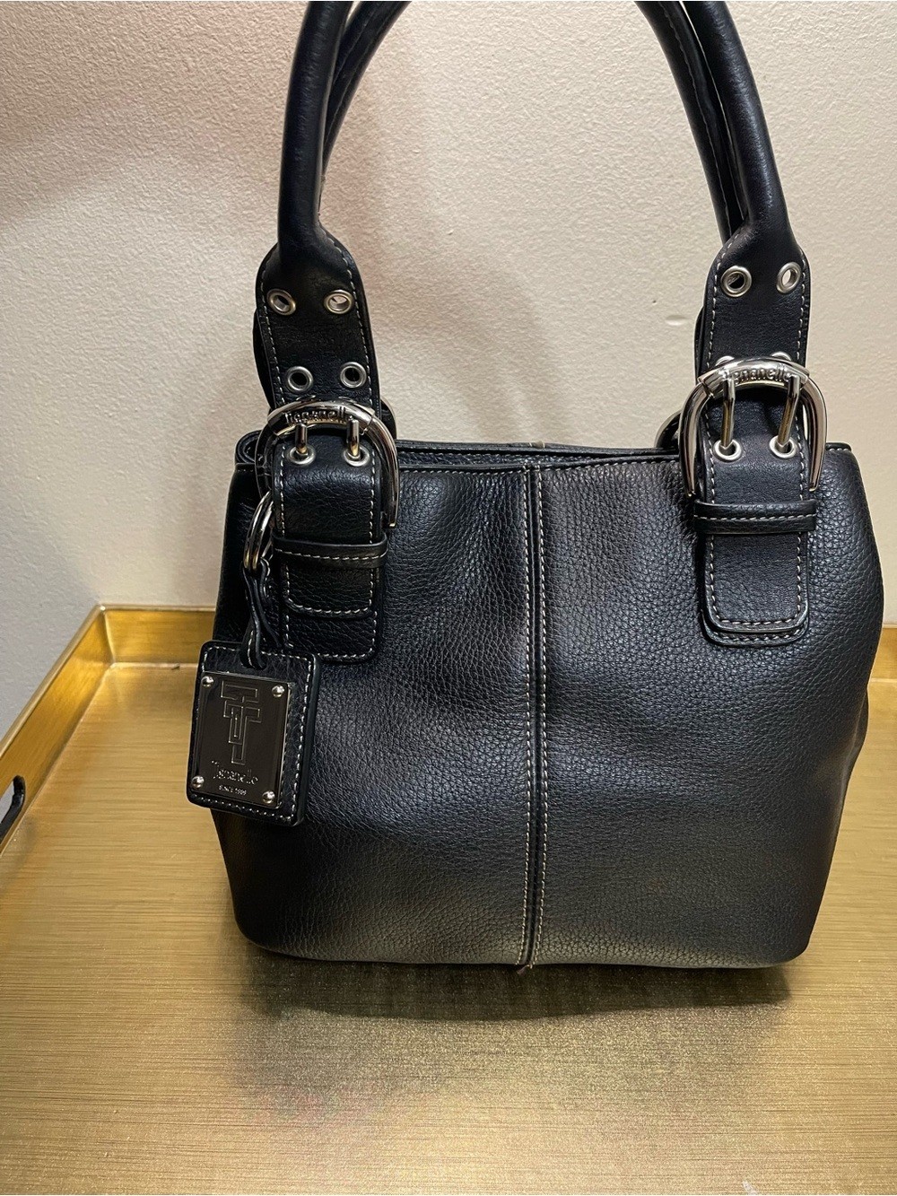 Terranova Black Leather Handbag with Silver Buckle Detail