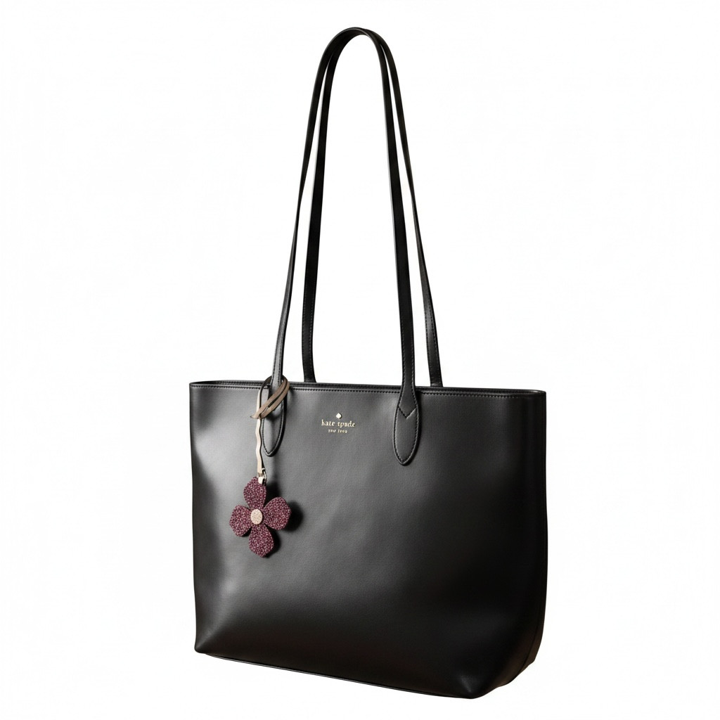 Kate Spade New York Kerri Medium Tote in Black Leather with Floral Charm