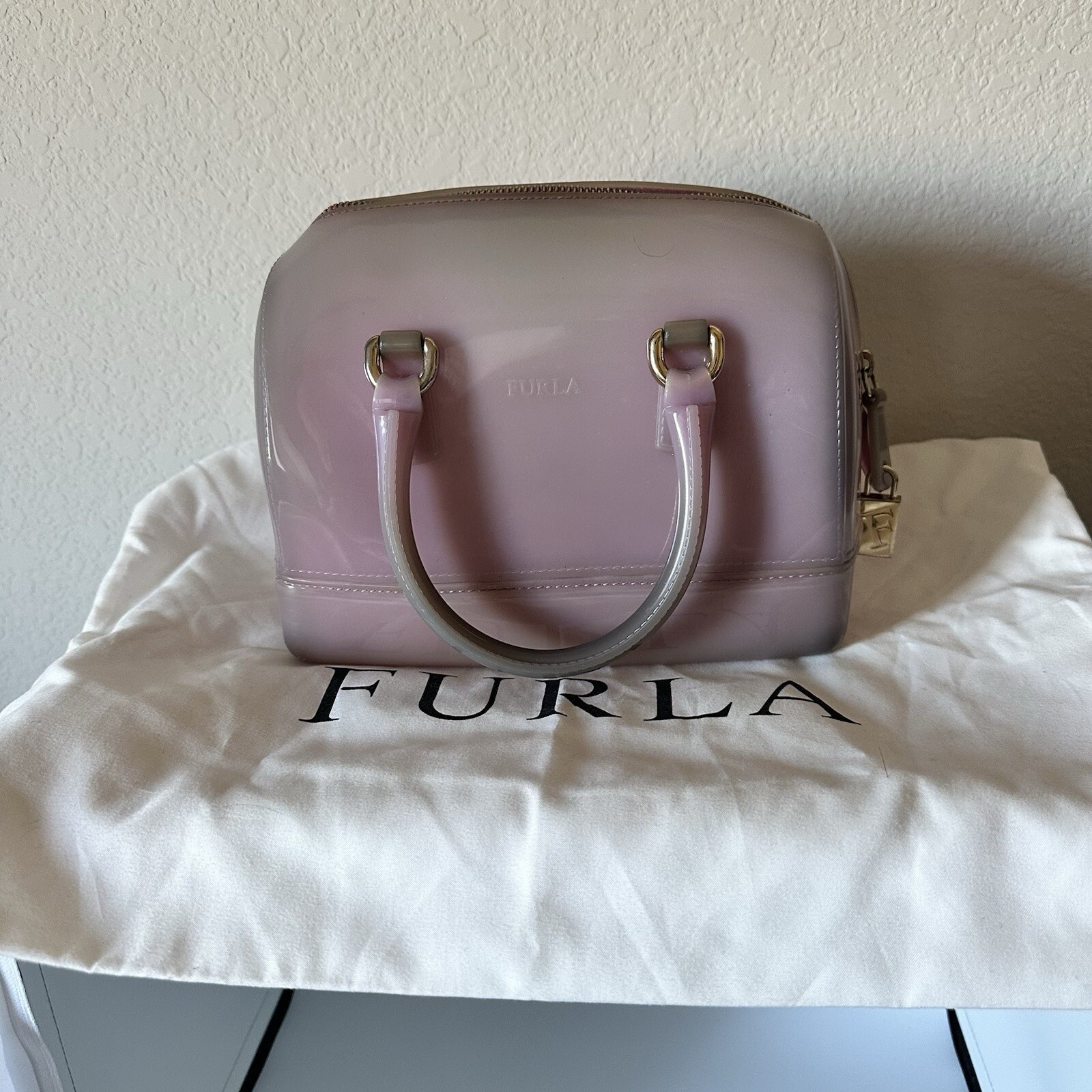 Furla Candy Bag Ombre Purple Grey Jelly PVC Satchel Made in Italy with Dust Bag