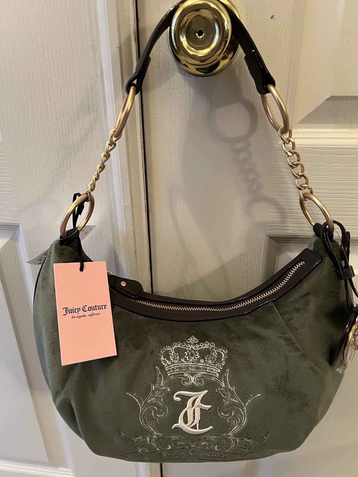 Juicy Couture Green Logo Hobo Shoulder Bag Zip Gold Chain Strap Heart Charm