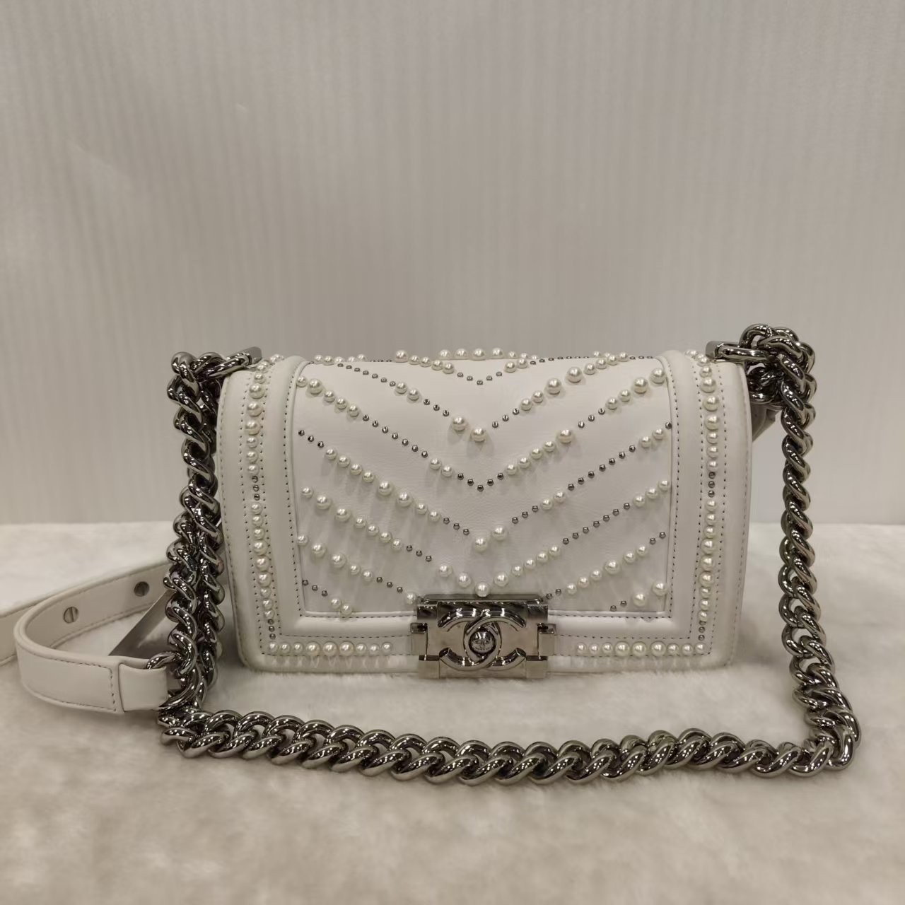 AUTH Chanel le Boy White Calfskin with Pearl & Stud Embellishments Crossbody Bag
