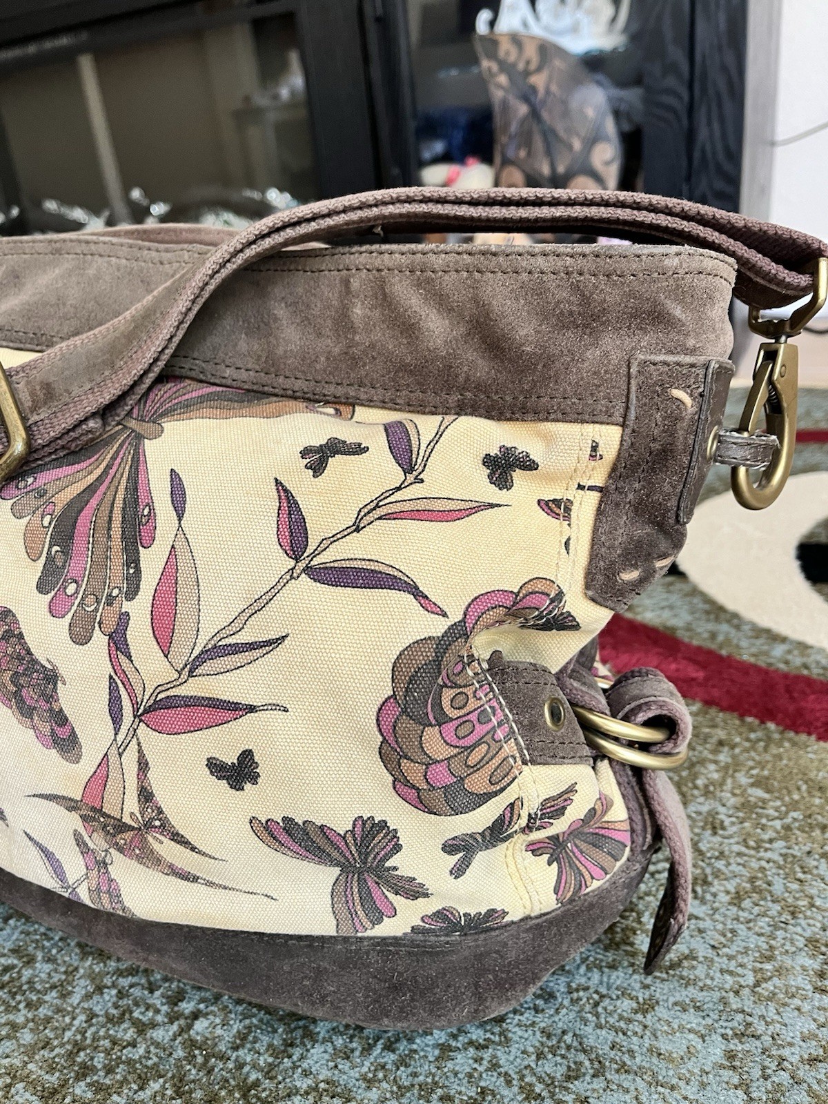 LUCKY BRAND Runaway Carryall Canvas Suede Leather Hobo Crossbody Shoulder Bag XL