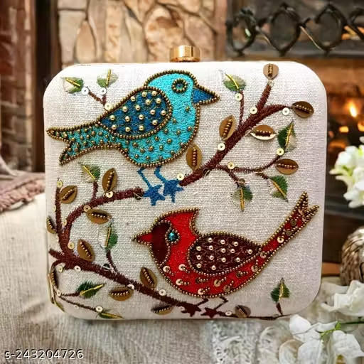 Curvique Women’s Handmade Bird Embroidered Box Clutch Evening Wedding Purse