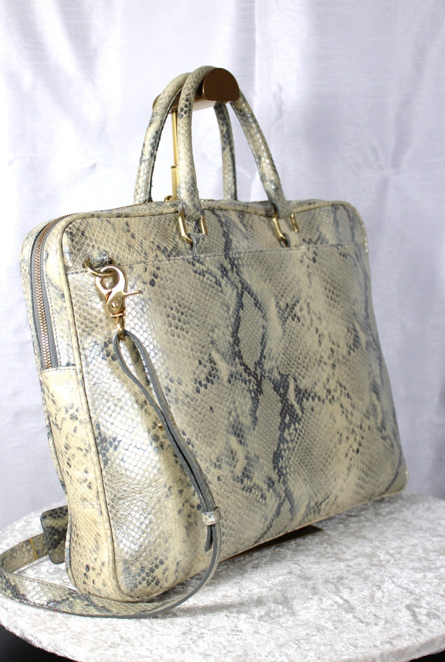 Brahmin Ivory Gray Embossed Leather Laptop Bag Work Tote Briefcase Large