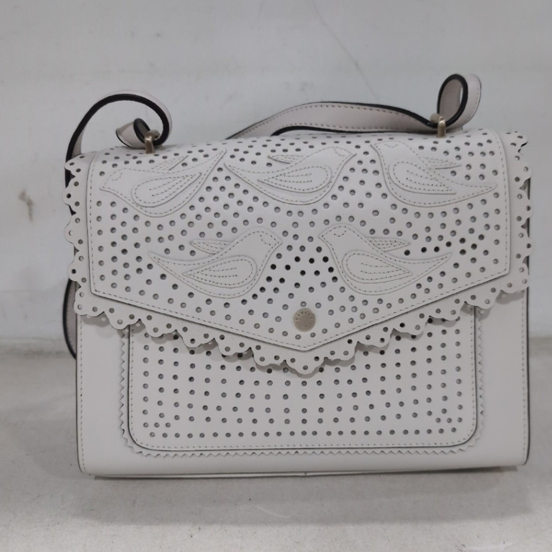 Radley London White Leather Bird Motif Perforated Shoulder Bag