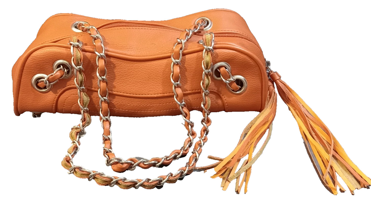 Vintage Clutch Shoulder Handbag Orange Gold Tone Double Chain Straps Tassels