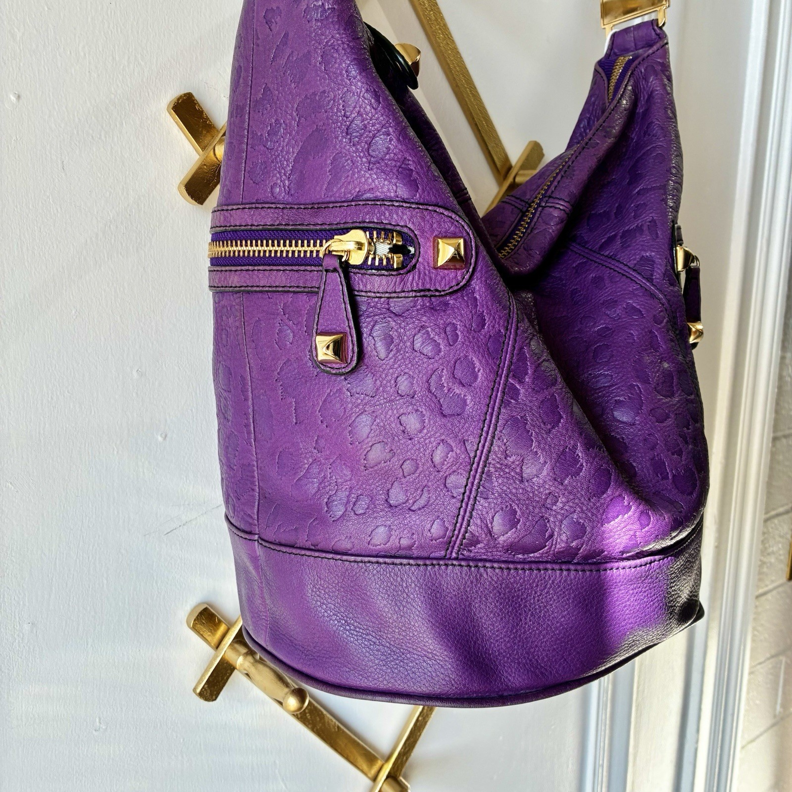 Betsey Johnson Purple Cheetah Leather Oversized Shoulder Bag Tote McBling Y2K