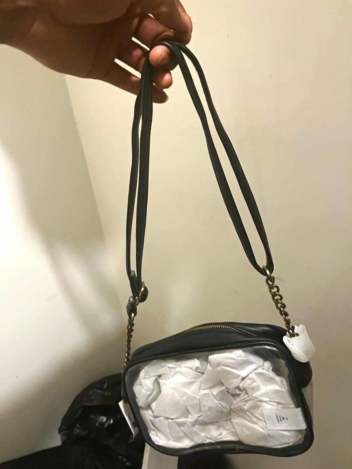 Stadium Friendly Small Clear/Black Crossbody Bag Chain Strap Zip Gold Hardware