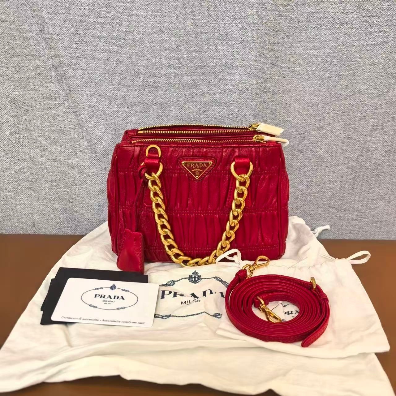Prada Gaufre Mini Rosso Red Lambskin Chain Crossbody Bag