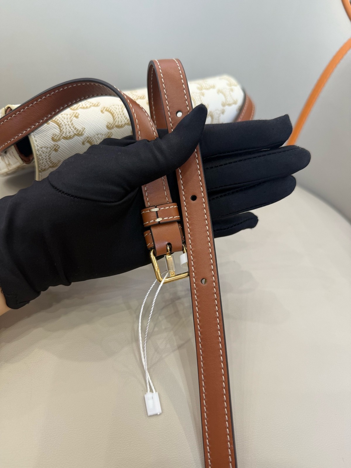 CELINE Claude Triomphe Shoulder Bag Canvas Leather White Brown Used