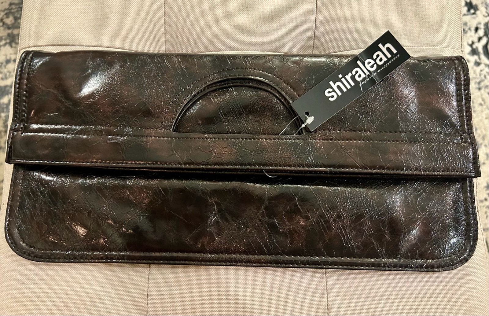 Shiraleah Brown Faux Leather Cut-Out Handle Foldover Clutch Bag