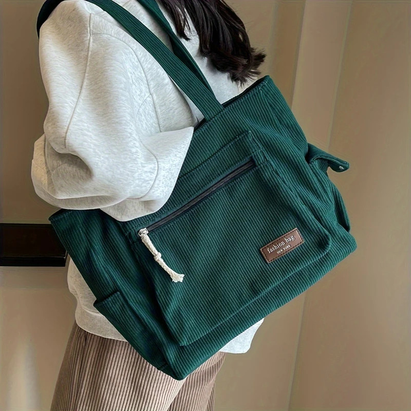 Tote Bag Solid Color Shoulder Bag Retro Multi Pockets Handbag School Work