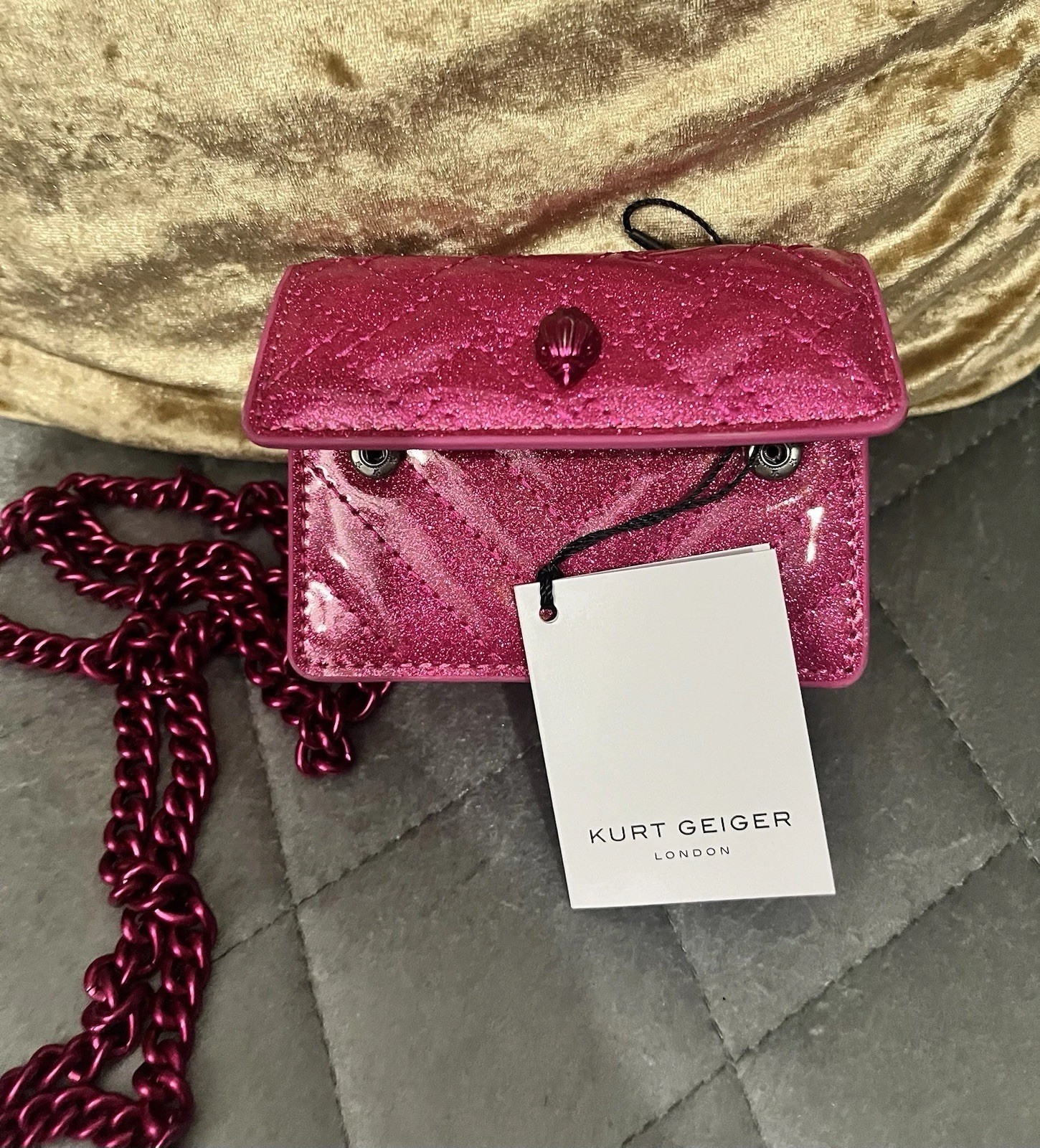 Kurt Geiger Pink Glitter Quilted Micro Crossbody Bag w/ Chain Strap Snap