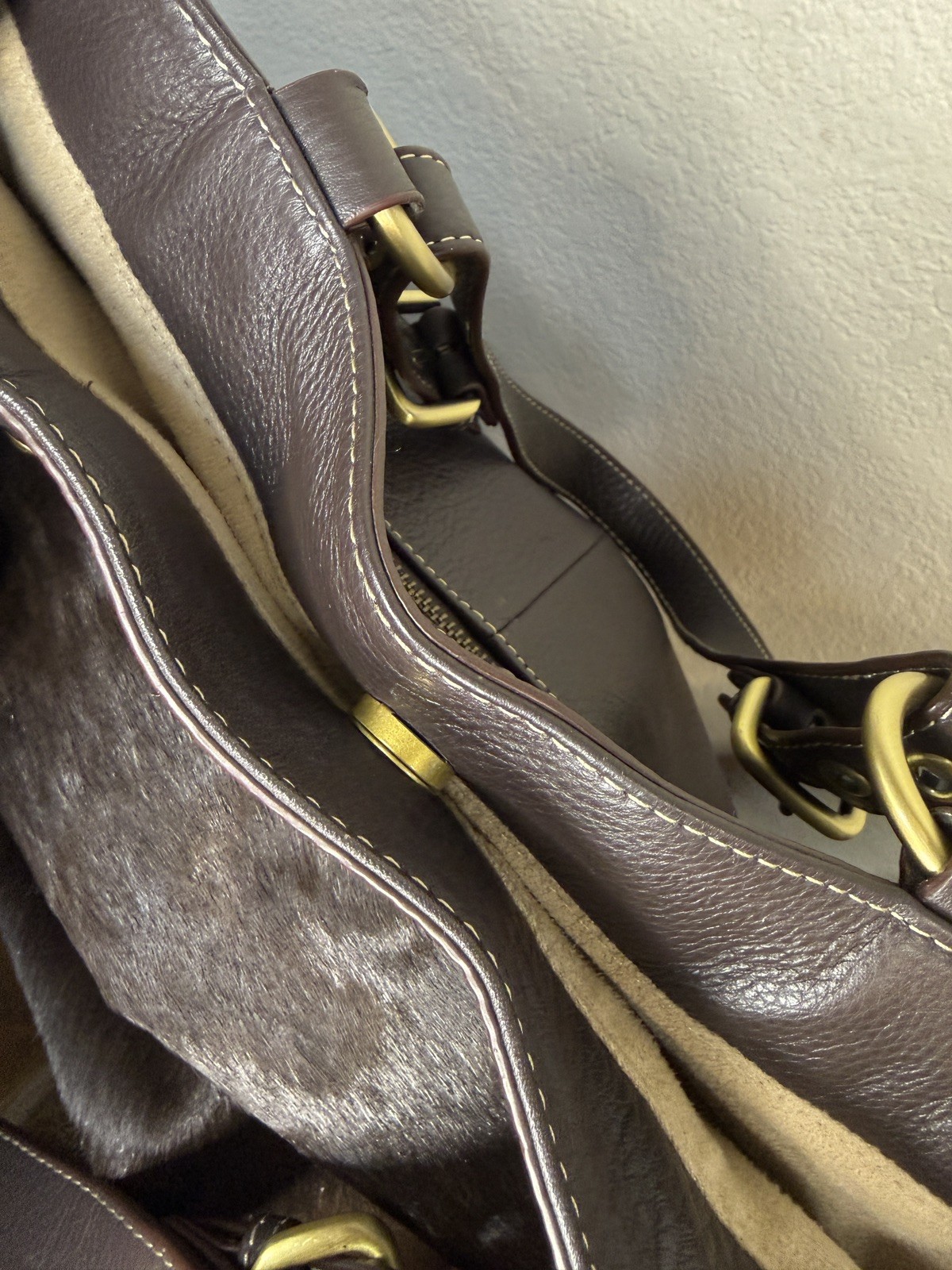 Leather and Calf Hide Purse by Aqua Madonna in Brown with Brass Color Finishings