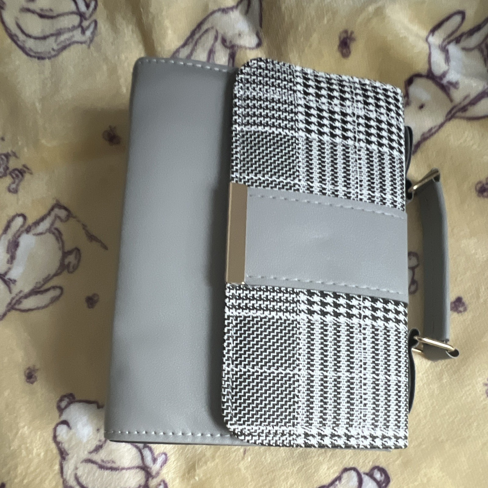 Gray/Black/White Plaid Satchel Top Handle Bag, Detachable Crossbody Strap