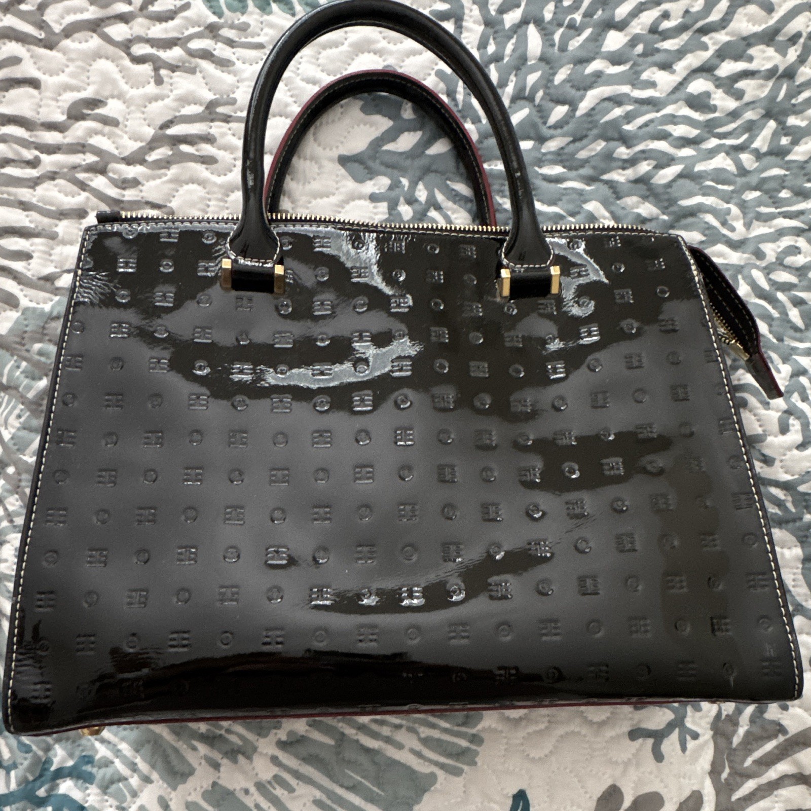 Women’s Large Black Patent Satchel Top Handle Bag Gold Hardware Zip Det Strap