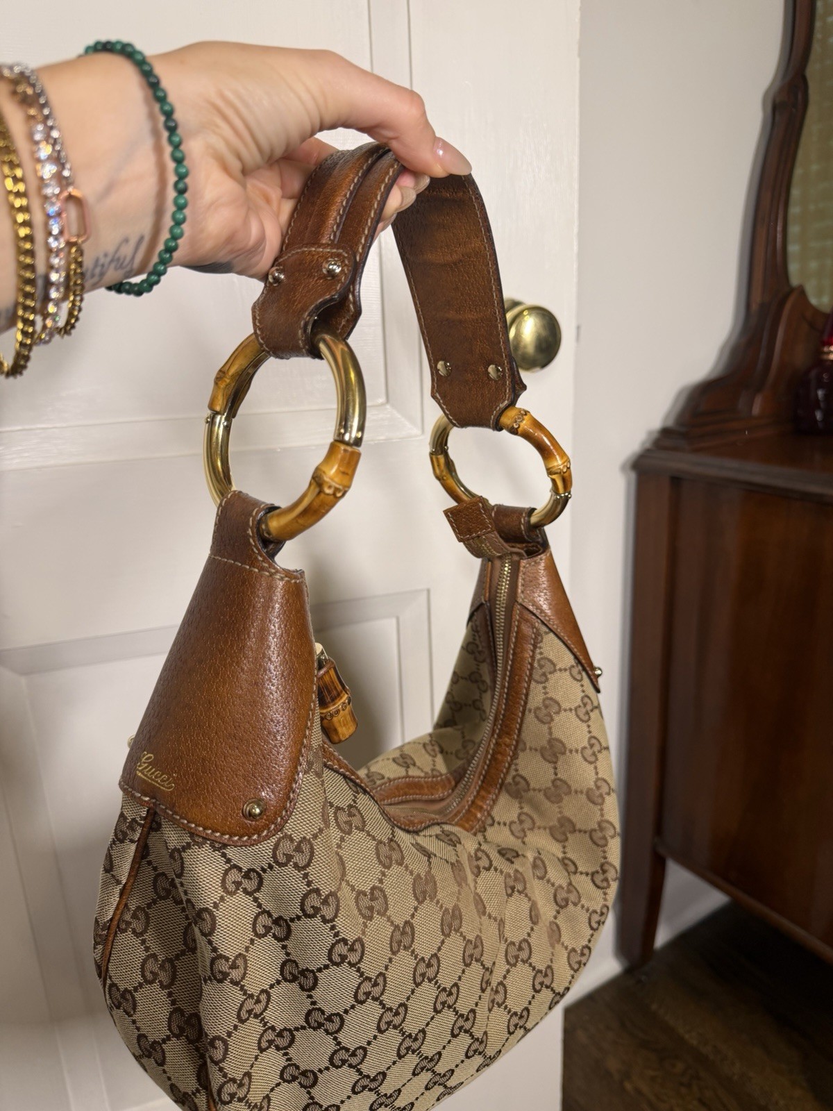 Gucci GG Canvas Bamboo Ring Hobo Shoulder Bag Zip w/ Dust Bag