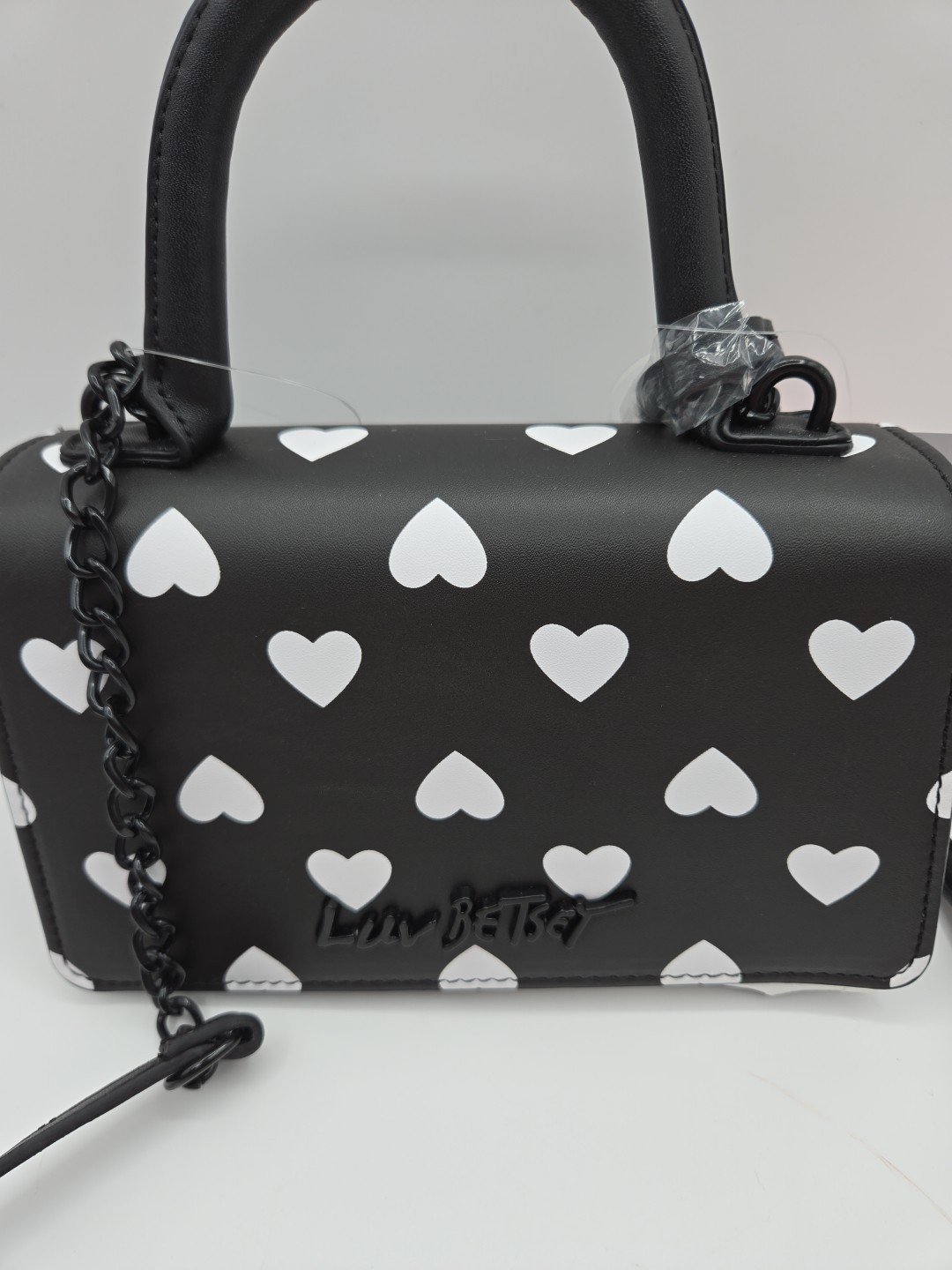 BETSEY JOHNSON “Evie” Mini Crossbody – Black & White With Hearts NWT Top-Handle