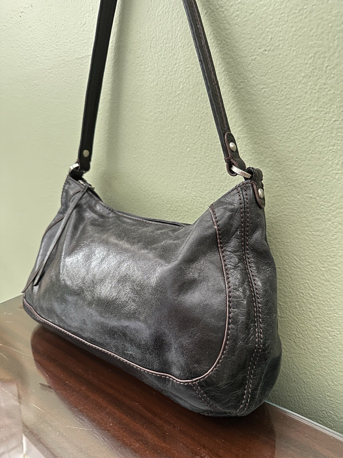 VTG Y2K Leather Hobo Zip Top Shoulder Bag Purse Dark Gray Black Brown Stitching