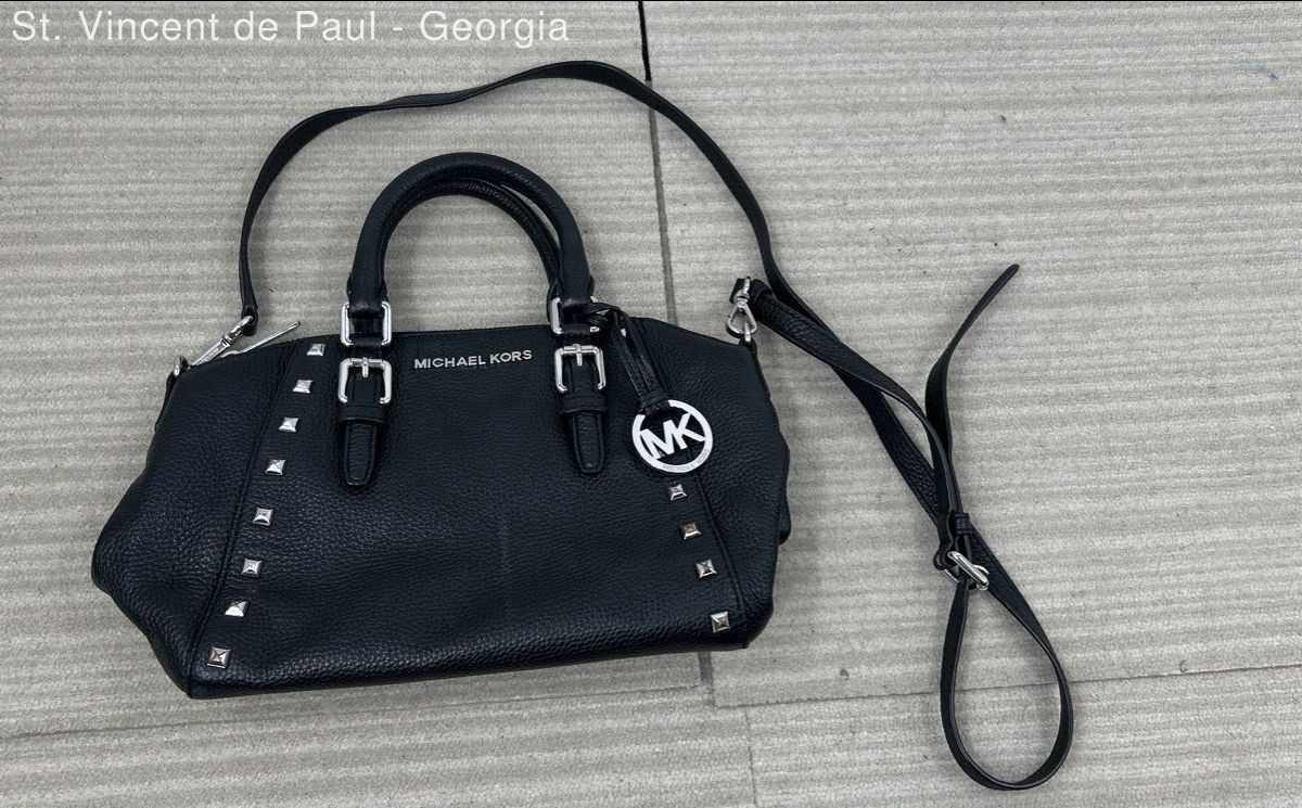 Michael Kors Black Pebbled Leather Silver Studded Satchel Crossbody Bag Purse