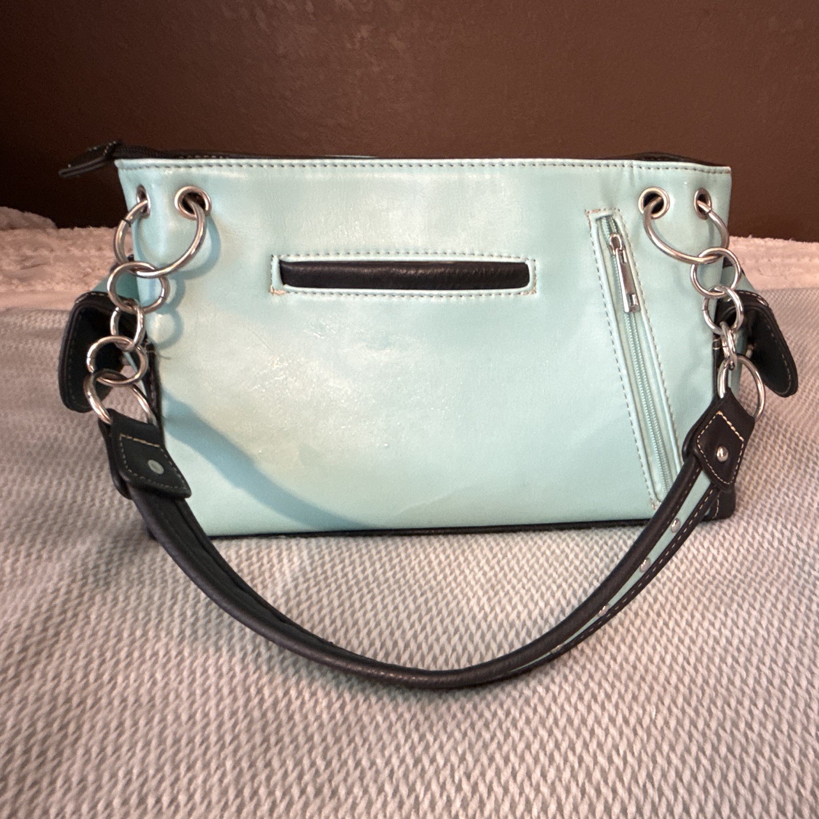 Turquoise/Black Dragonfly Studded Shoulder Bag Zip Detachable Strap Silver