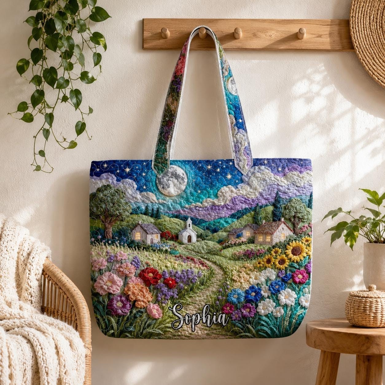 Starry Night Village Quilted Tote Bag Whimsical Moon Floral Patchwork Handbag