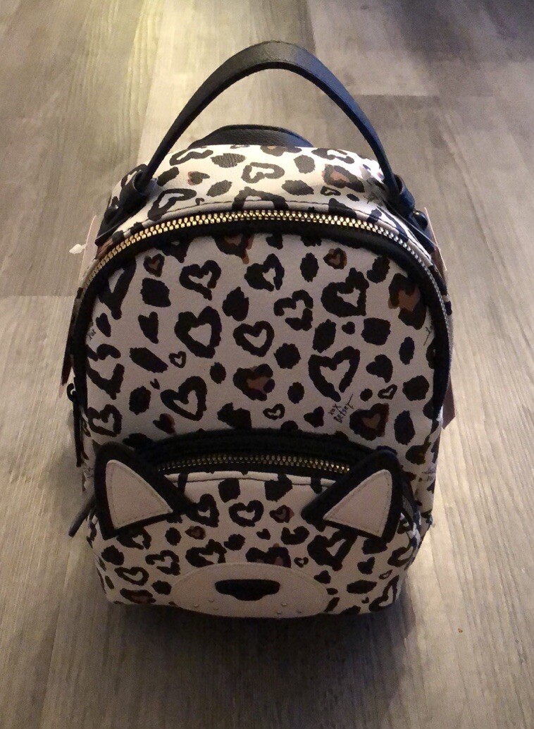 Betsey Johnson Black & White Multi Leopard Heart Print Dog Kitsch Backpack NWT