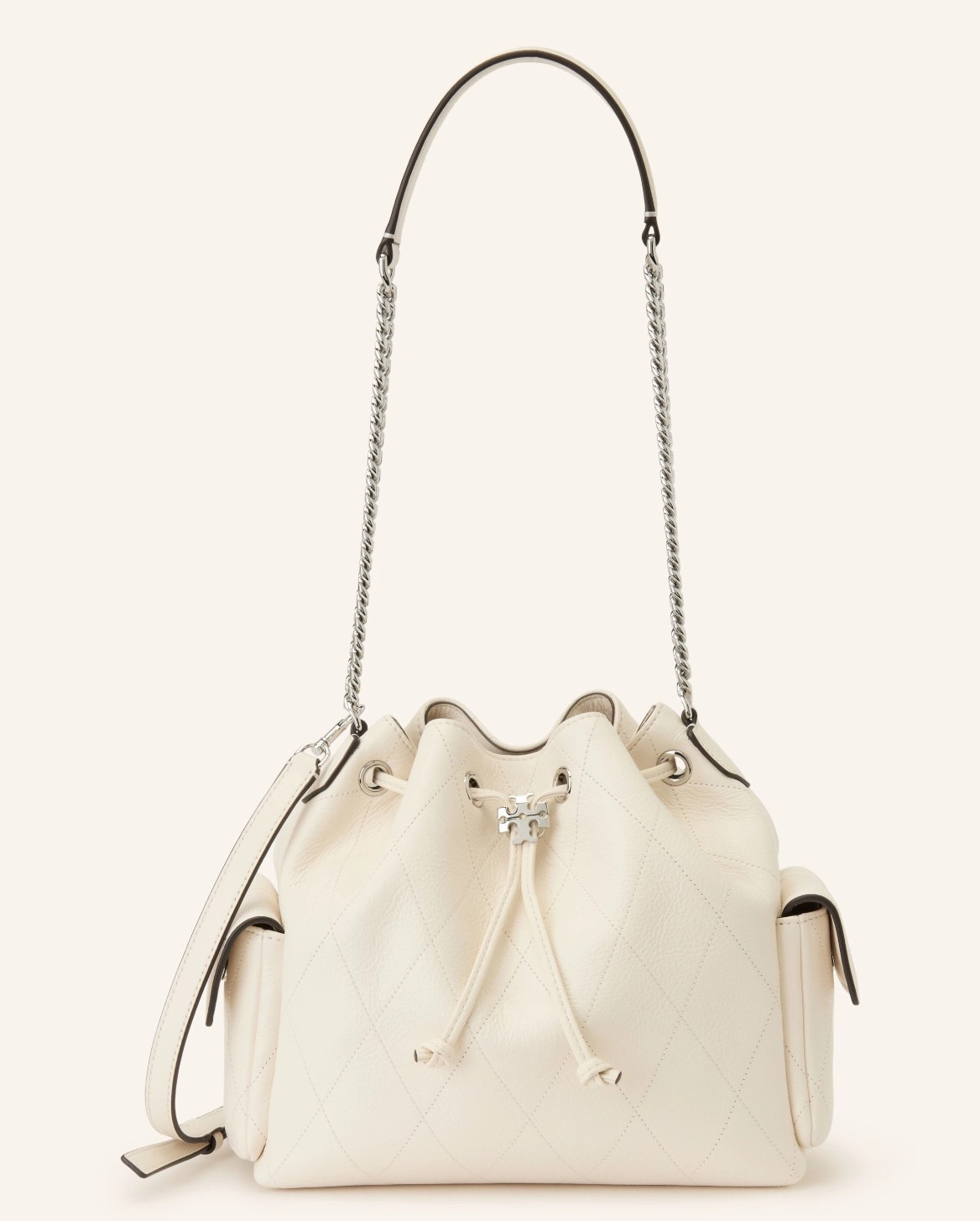 AUTHENTIC Tory Burch Charlie Quilted Large Drawstring Bag Cream NO DUTIES NWT